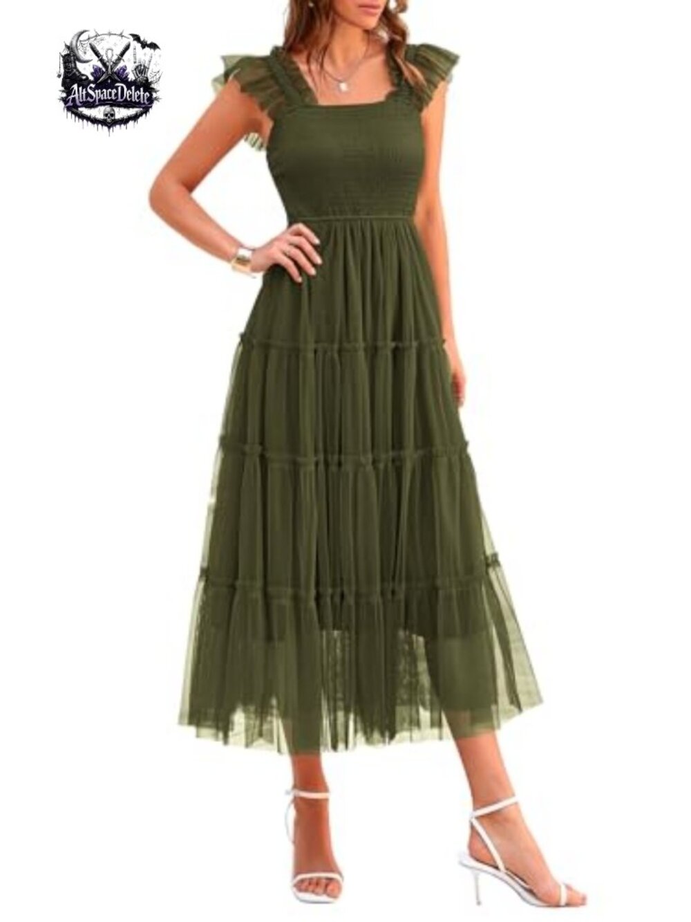 Women's Smocked Midi Tulle Fit & Flare Dress Sleeveless Party